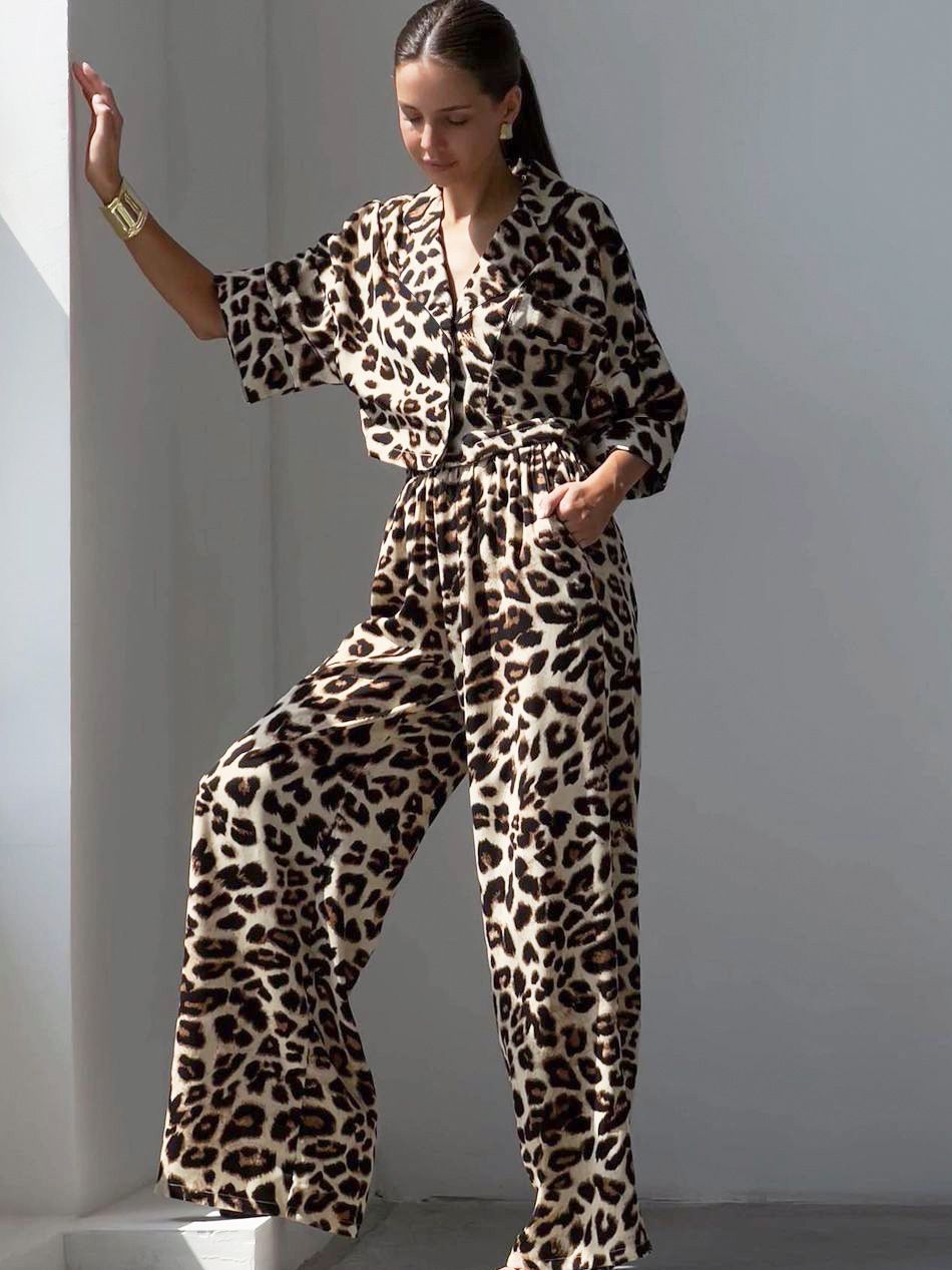 Women's Loose Leopard-print Shirt Wide-leg Pants Two-piece Set