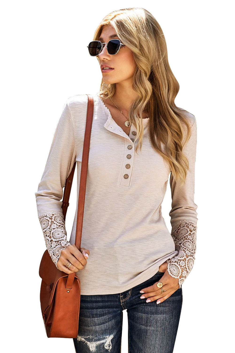 Chemise Henley à manches longues en dentelle côtelée beige pour femme