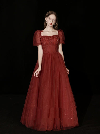 Robe de dîner rouge à manches courtes et bouffantes pour femmes