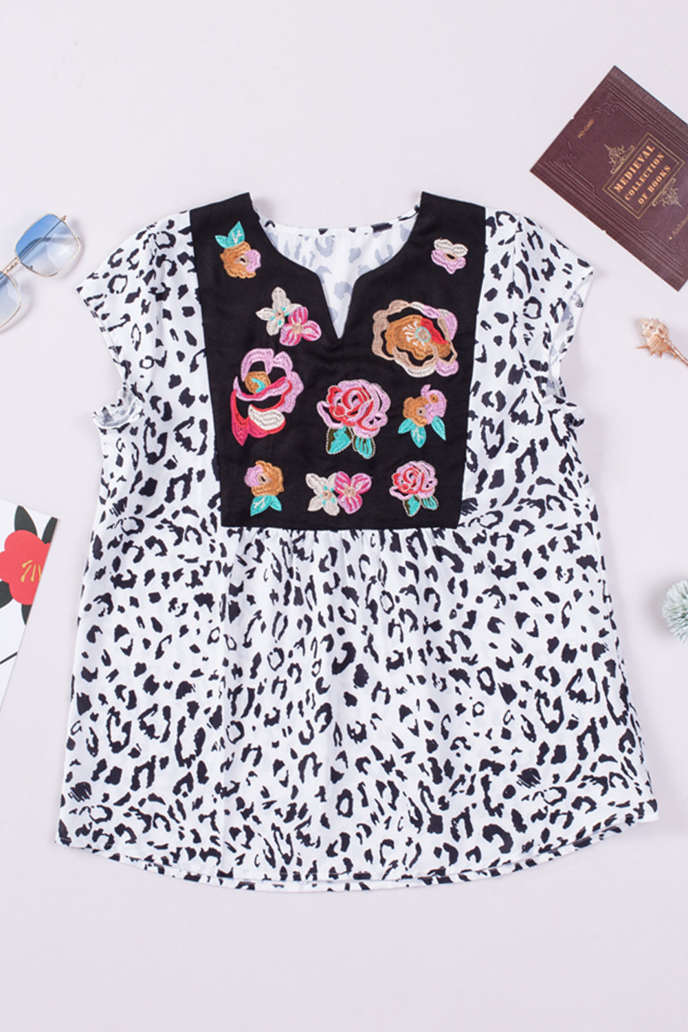 Black & White Animal Print Flower Embroidered Tunic Short Sleeve Top