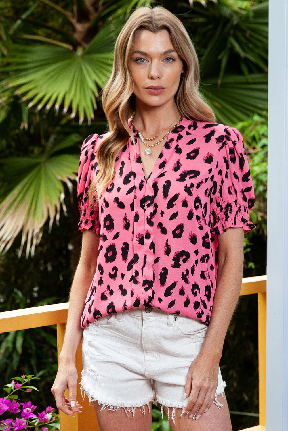 Pink Leopard Print V Neck Smocked Puff Sleeve Blouse