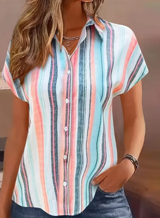 Striped Print Button Front Short Sleeved Shirt