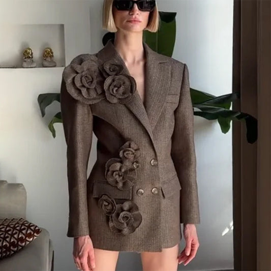 Veste de costume à double boutonnage pour femme, style de voyage, couture décorative florale tridimensionnelle faite à la main