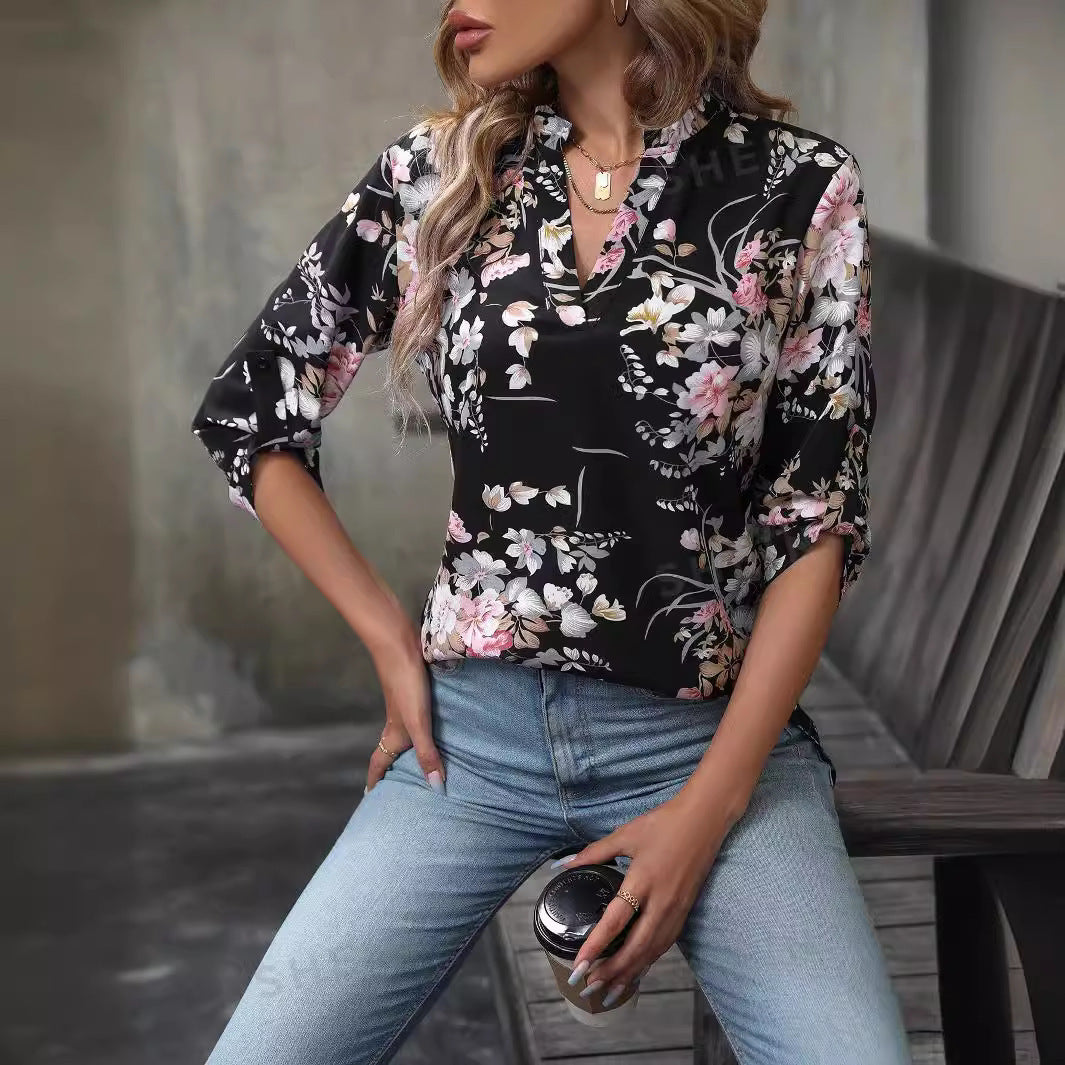 Autumn New Printed Cropped Sleeve Pullover Shirt