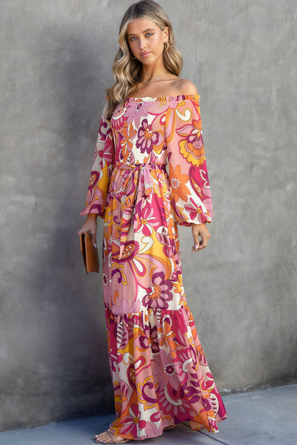 Multicolor Boho Floral Smocked Off Shoulder Puff Sleeve Maxi Dress