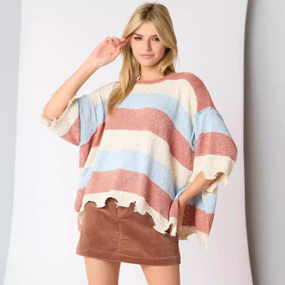 Pull tricoté à manches courtes et rayures multicolores pour femme