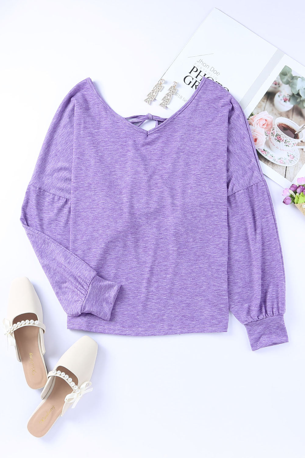 Purple Plain Tie Back Drop Shoulder Long Sleeve Top