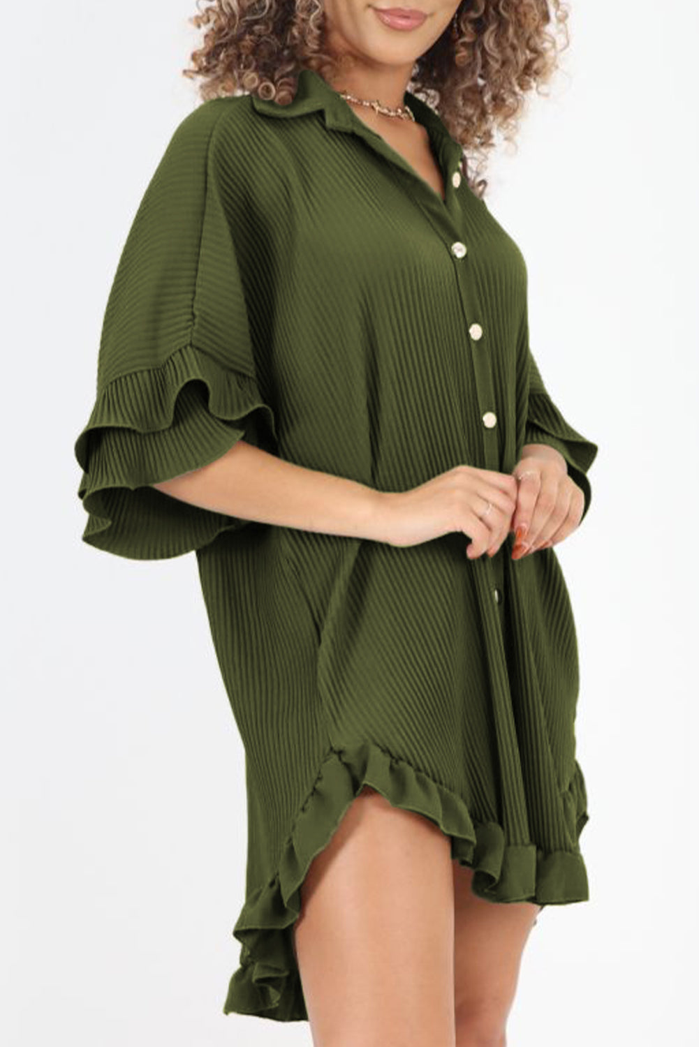 Moss Green Pleated Ruffle Sleeve Oversized Shirt Dress