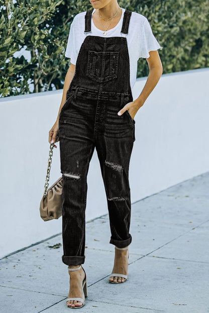 Black Distressed Bib Denim Overalls