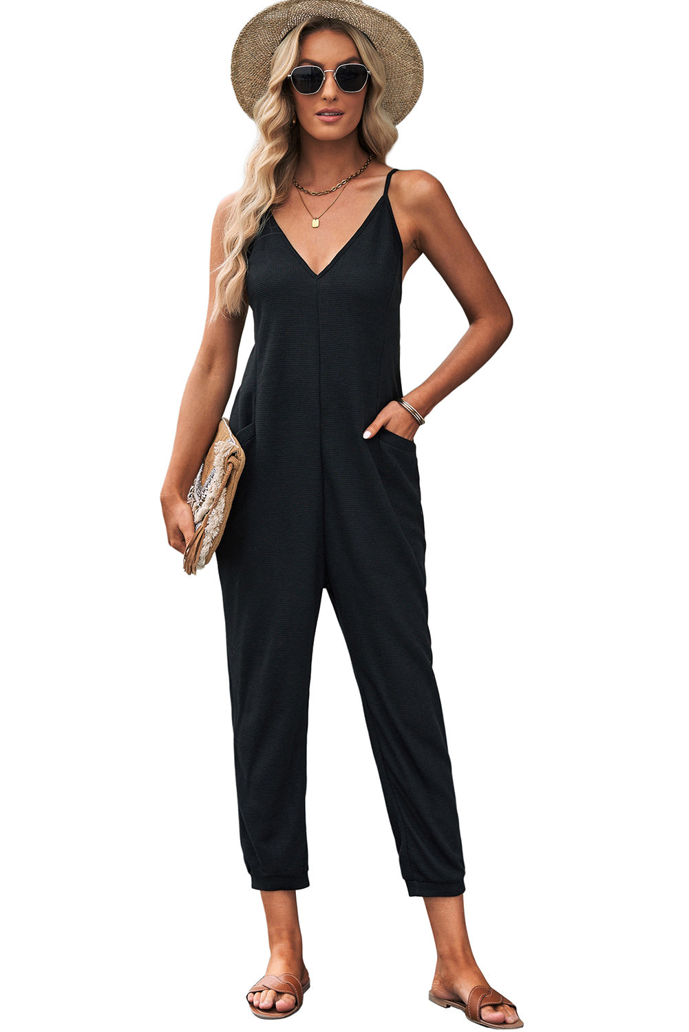 Black Textured Sleeveless V-Neck Pocketed Casual Jumpsuit