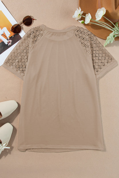 Blackish Green Seamed Detail Contrast Lace Raglan Sleeve Tee