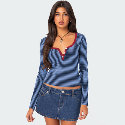 Pull rayé de couleur contrastée T-shirt slim boutonné pour femme