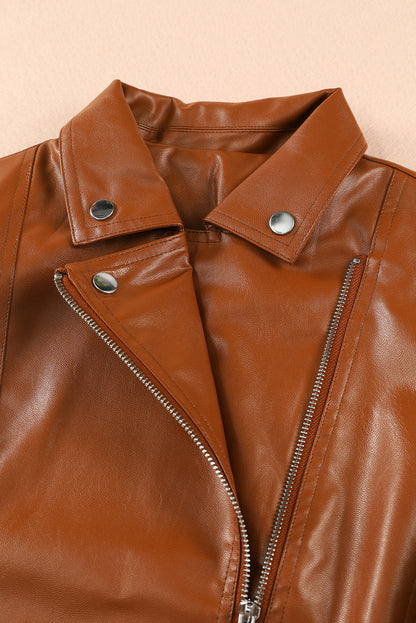 Brown Ribbed Seam Detail Faux Leather Zipped Motorcycle Jacket