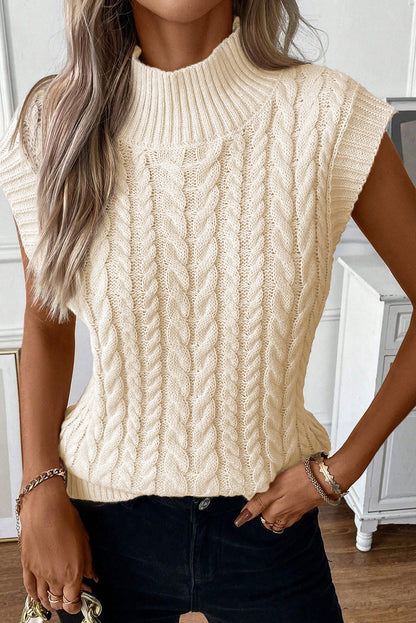 Oatmeal Ribbed Trim High Neck Cable Knit Sweater Vest