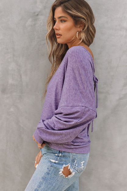 Purple Plain Tie Back Drop Shoulder Long Sleeve Top