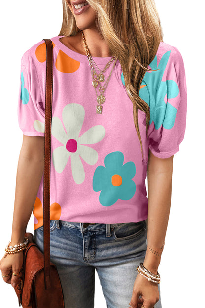 Apricot Colorful Flower Print Bubble Sleeve Tee