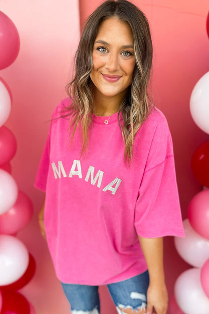 MAMA-T-Shirt mit rosa Strasssteinen und Buchstabendetail