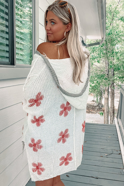 White Floral Print Oversized Knit Hooded Sweater