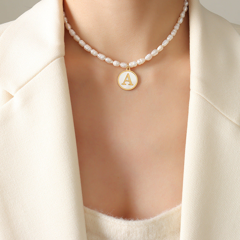 18K gold exquisite and noble pearl chain with round inlaid gemstones and 26 English letters design necklace