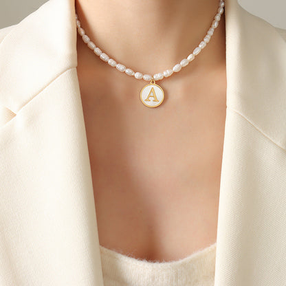 18K gold exquisite and noble pearl chain with round inlaid gemstones and 26 English letters design necklace