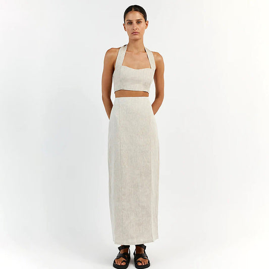 Women's Fashion Casual Cotton Linen Halterneck Vest Long Skirt Suit