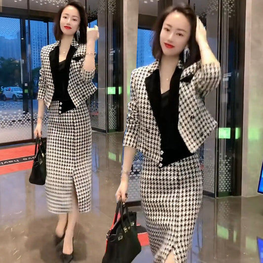 Women's Thousand Bird Plaid Suit Wrapped Hip Skirt Set