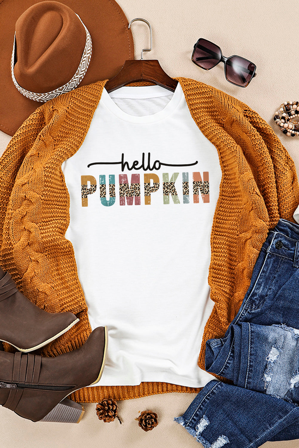 Weißes „Hello Pumpkin“-Halloween-T-Shirt mit Rundhalsausschnitt und Grafik