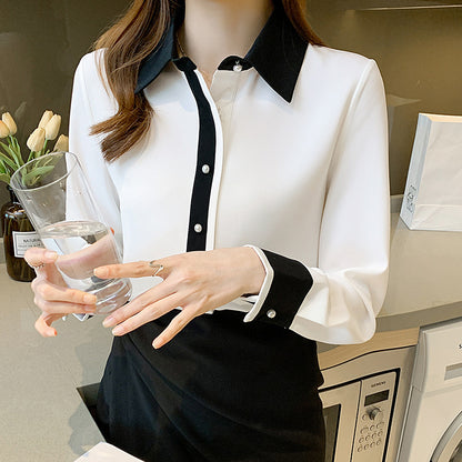 Simple Contrast Color Single Row Pearl Buckle Long Sleeve Shirt