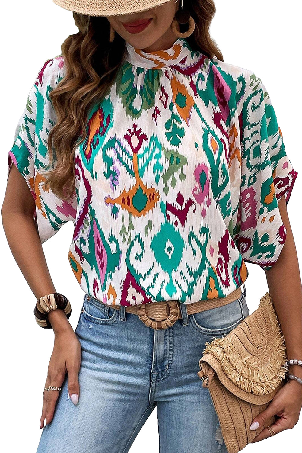 Multicolor Abstract Print Knot Back Half Sleeve Blouse