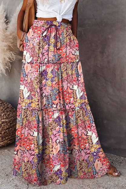 Jupe longue taille haute à imprimé floral bohème multicolore