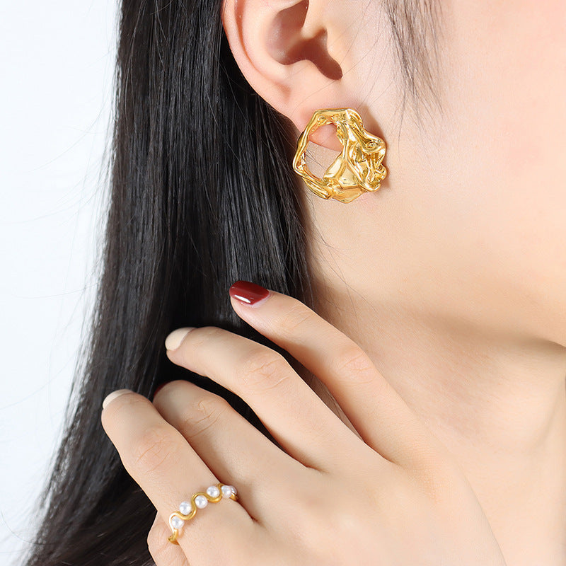 18K Gold Exaggerated Personality Irregular Embossed Design Versatile Earrings