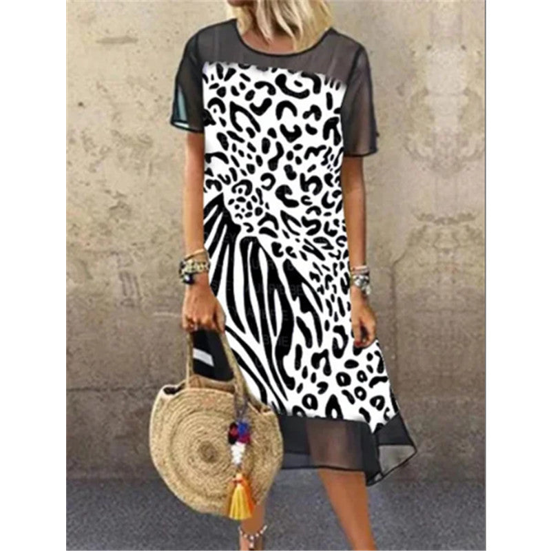 Women's Fashion Leopard Mesh Stitching Loose Plus Size Dress