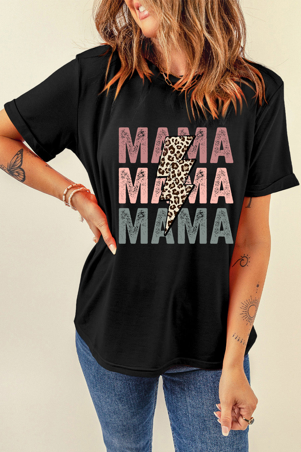 T-shirt graphique noir à imprimé léopard Lightning MAMA avec lettres imprimées