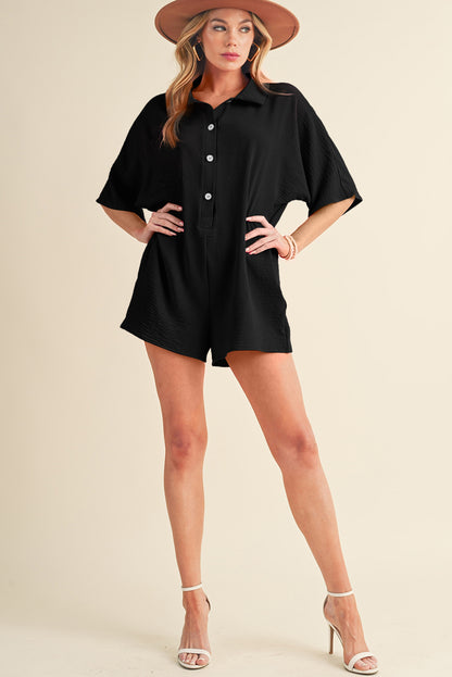 Black Plain Half Button Collared Pocket Loose Romper