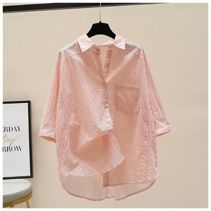 Pure Cotton Pink Striped Shirt Women's Artistic Fresh Batwing Sleeve Single Pocket Top