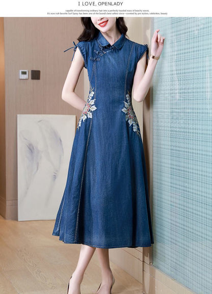 2024 Summer New Cheongsam Modified Version Denim Dress Female Machine Embroidery Retro