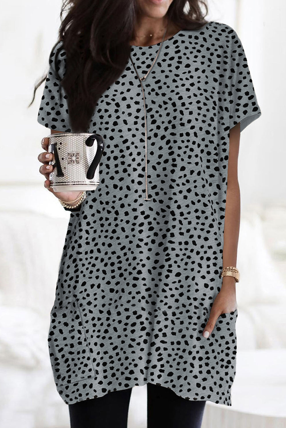 Cheetah Print Casual Side Pockets Short Sleeve Tunic Top