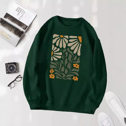 Pull à manches longues et col rond avec imprimé fleurs et plantes pour femme