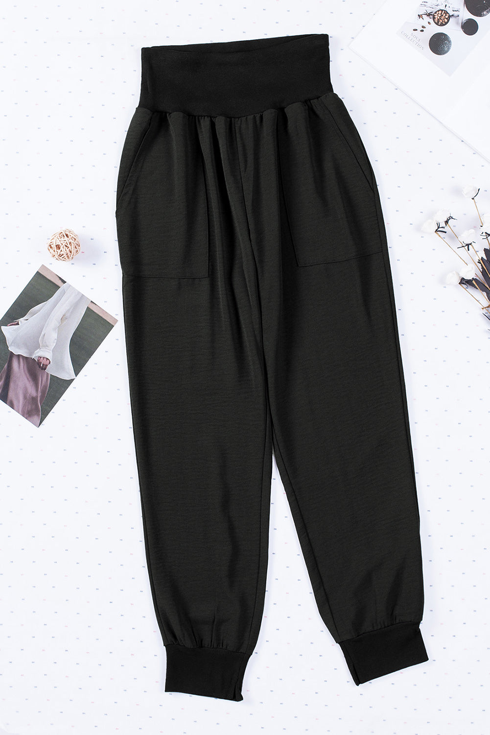 Pantalon de jogging décontracté noir à taille élastique fuselée avec poches