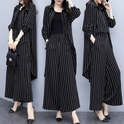 Plus Size Women's Loose Black Striped Cardigan Two-piece Set