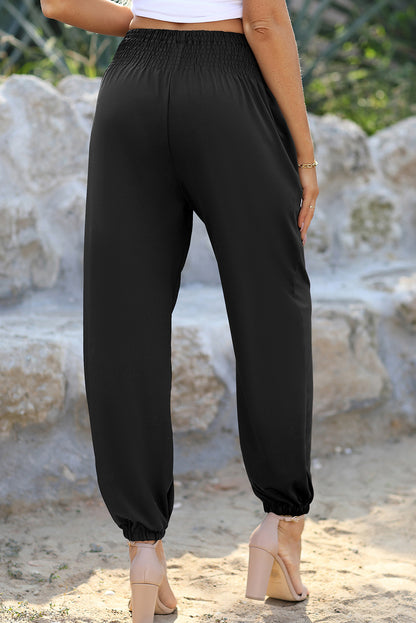 Pantalon de jogging taille haute smocké noir avec poches