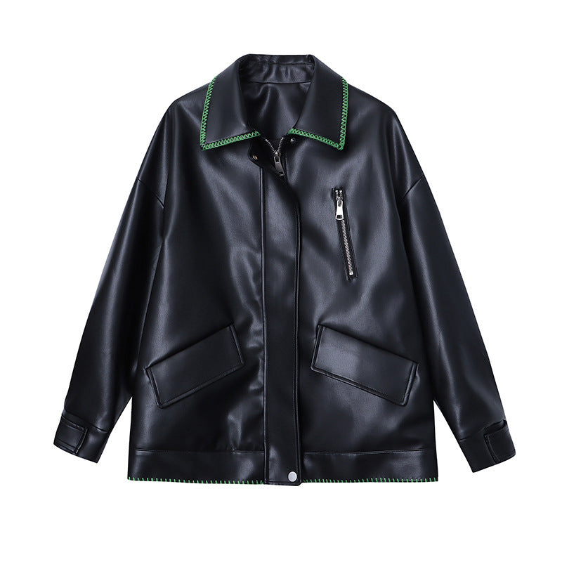 Contrast Color Outer Stitching Polo Collar Loose Jacket