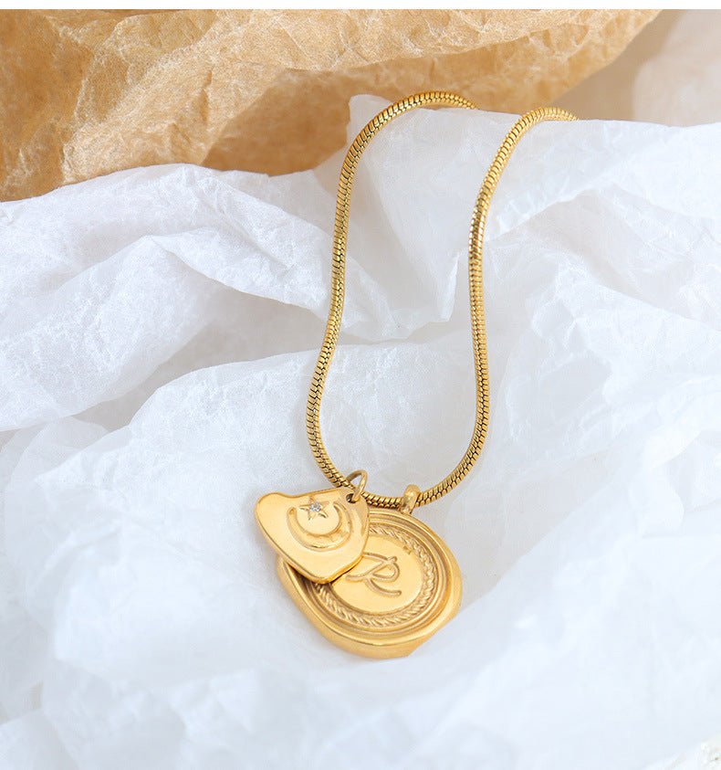 18K gold noble simple round engraved letters with stars and moon design versatile necklace