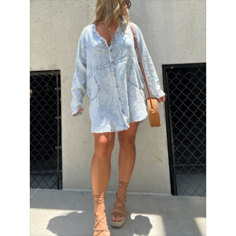 Women's Denim Washed Loose Shirt Dress