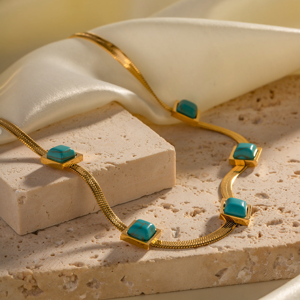 18K Gold Noble Fashion Matching Square Blue Malachite Versatile Necklace