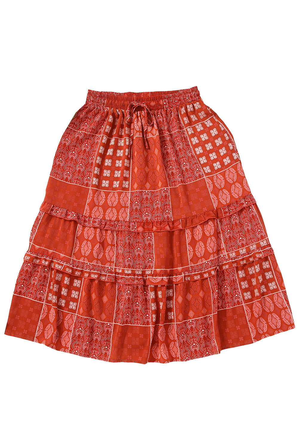 Red Bohemian Mix Print Long Flared Skirt