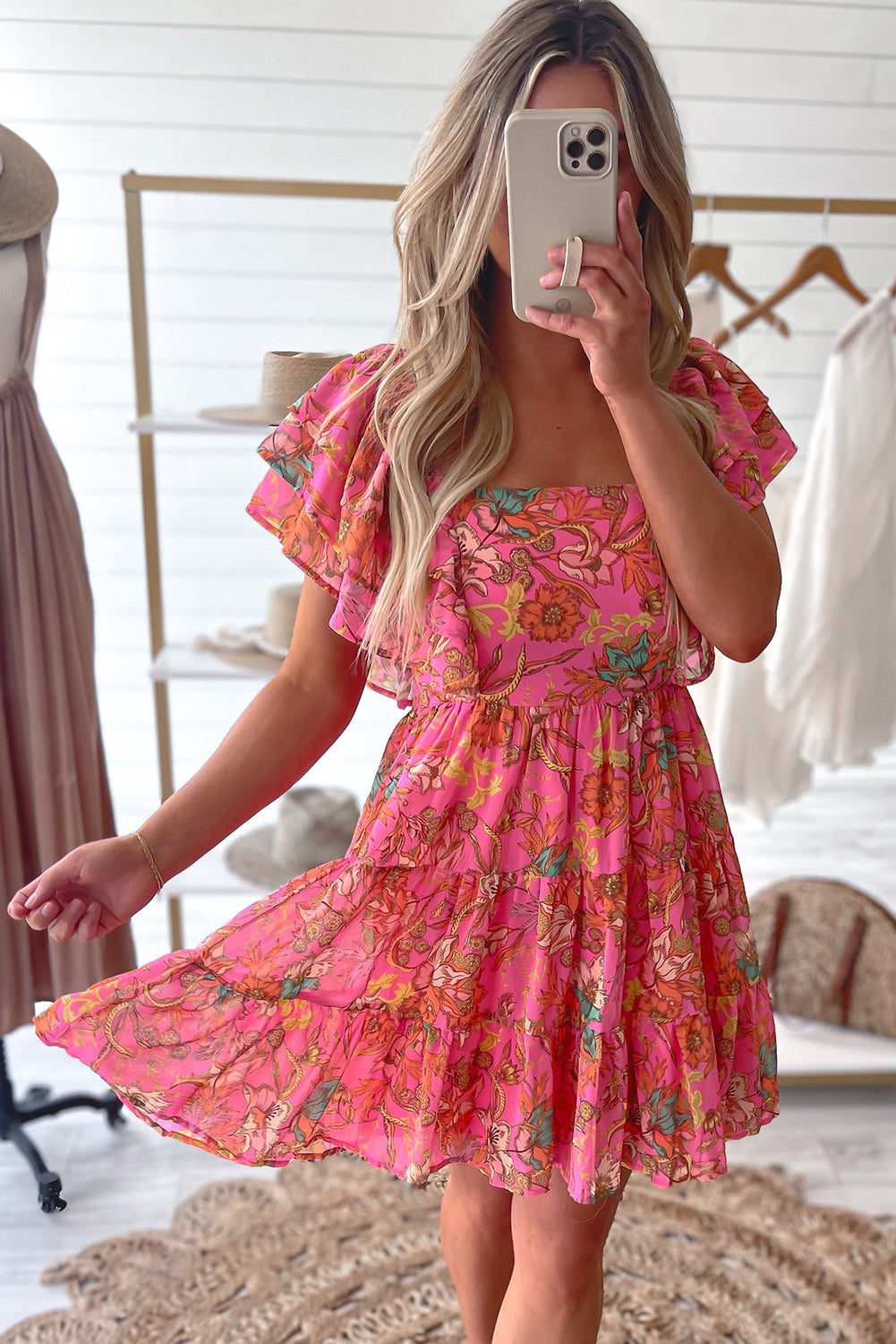 Pink Floral Print Square Neck Ruffle Sleeve Tiered Dress