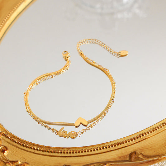 18K gold exquisite and fashionable heart with "LOVE" double-layer design anklet