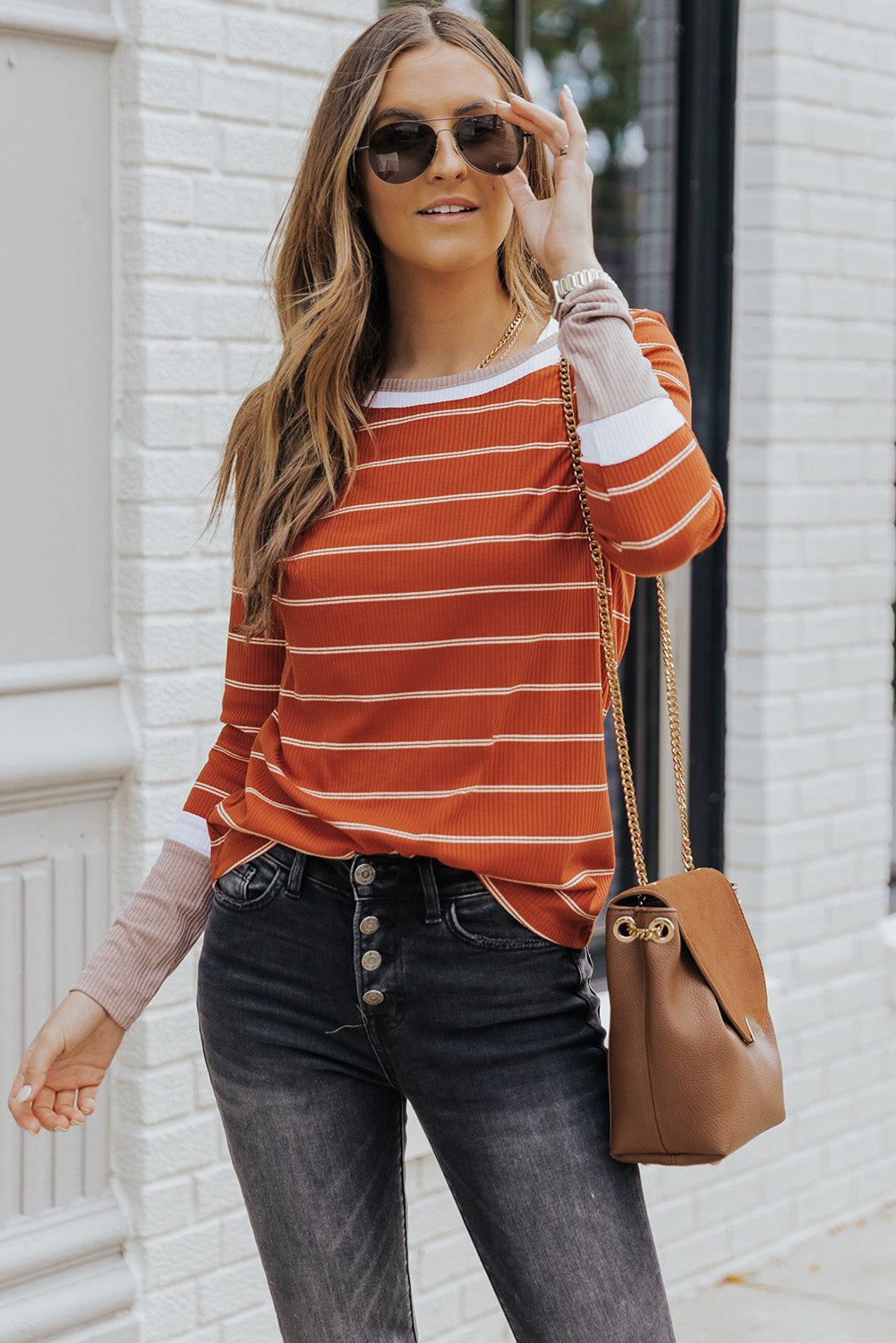 Dark Blue Striped Spliced Color Block Rib Knit Top