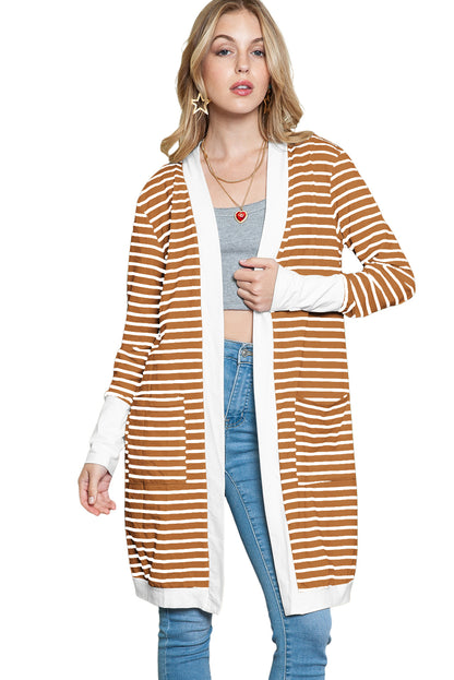 Cardigan long rayé blanc avec poches latérales et devant ouvert